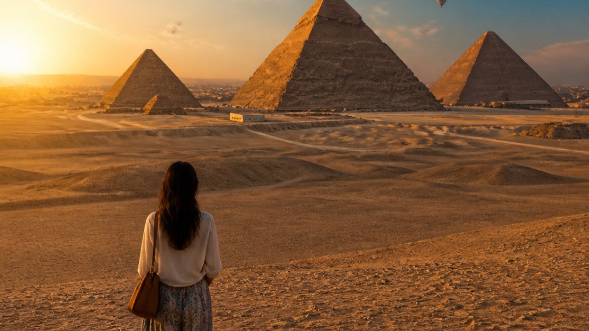 Pirámides de Giza al amanecer con globos aerostáticos Pirámides de Giza al amanecer con globos aerostáticos