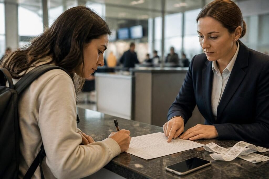 Viajera completando el informe de equipaje perdido en el mesón de la aerolínea