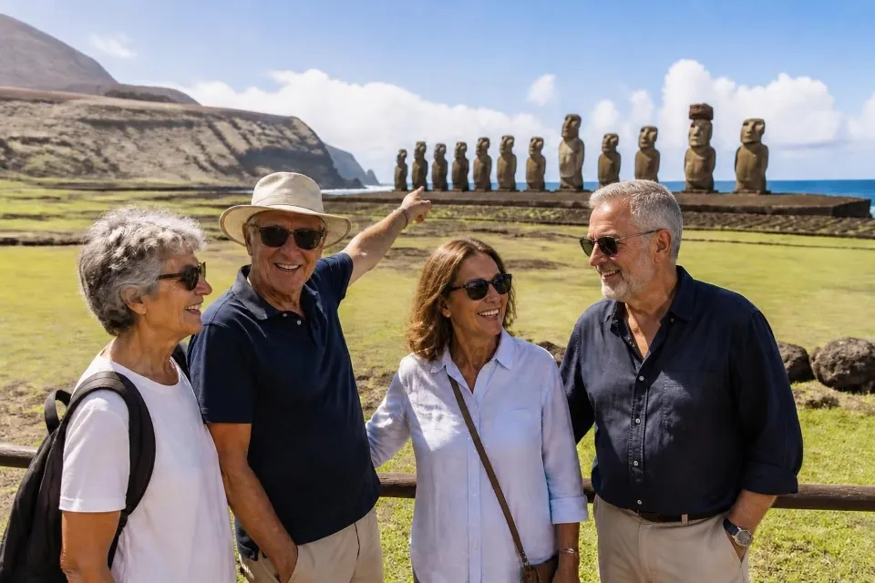 Cuatro viajeros senior felices frente a los moáis de Ahu Tongariki en Rapa Nui
