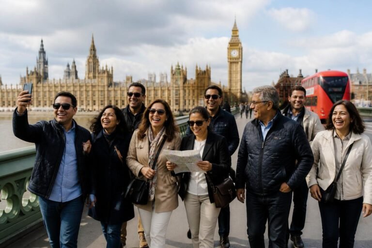 Grupo de nueve viajeros en el puente de Westminster, Londres