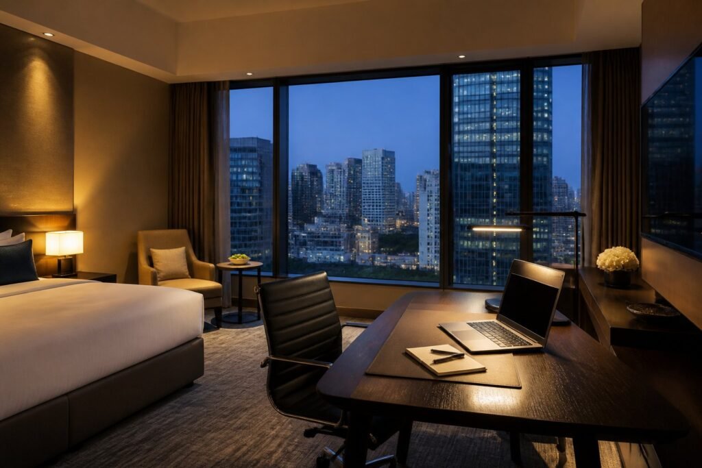 Habitación de hotel de negocios con escritorio y vista a la ciudad Habitación de hotel de negocios con escritorio y vista a la ciudad