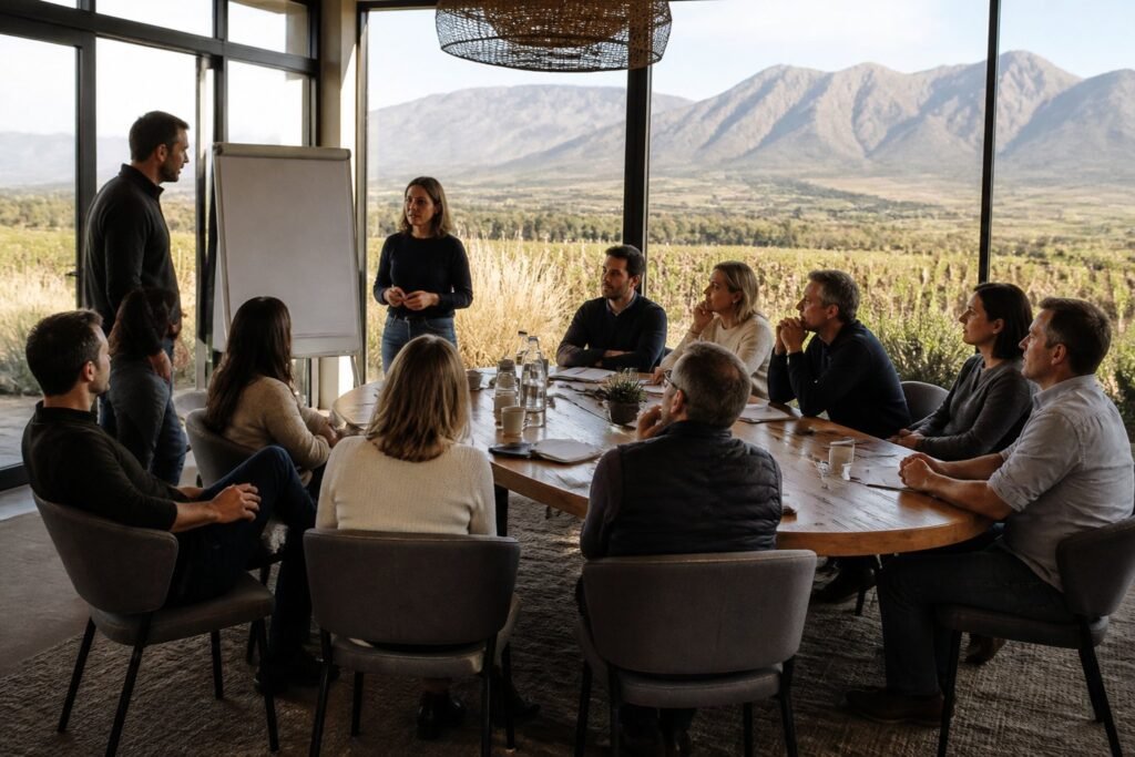 Equipo de trabajo en una reunión de planificación con vista a viñedos y montañas Equipo de trabajo en una reunión de planificación con vista a viñedos y montañas