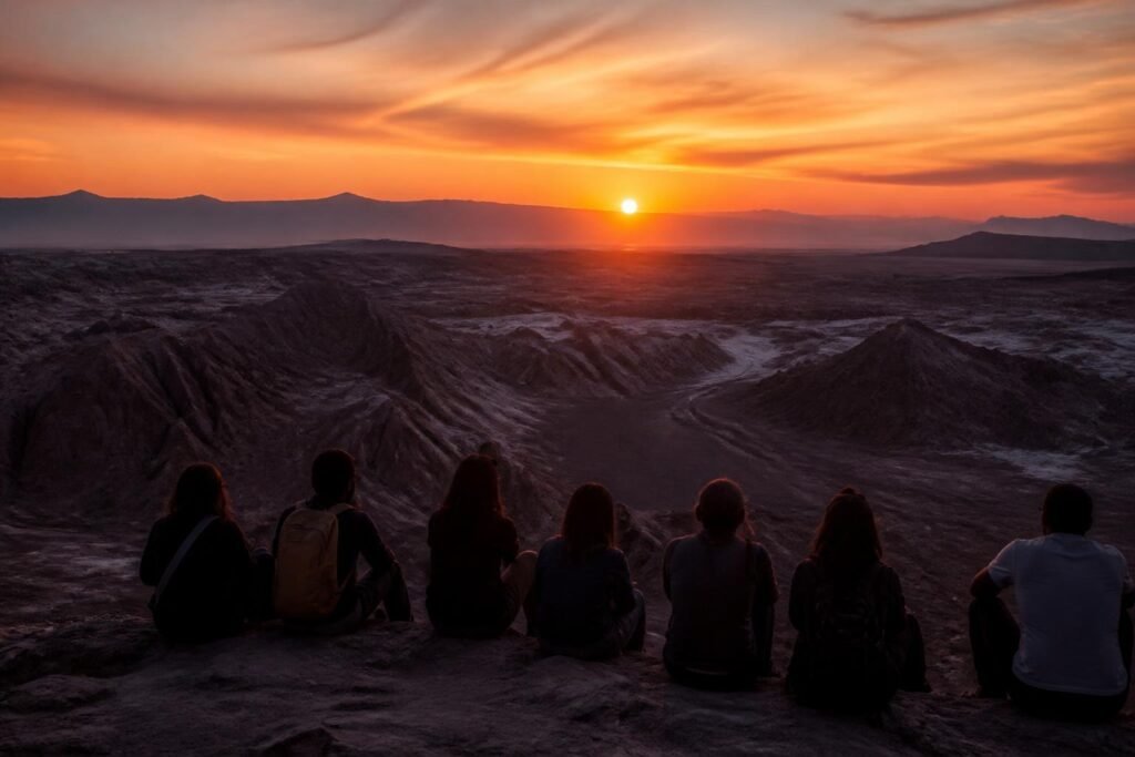 Equipo de trabajo contemplando el atardecer en el desierto de Atacama Equipo de trabajo contemplando el atardecer en el desierto de Atacama