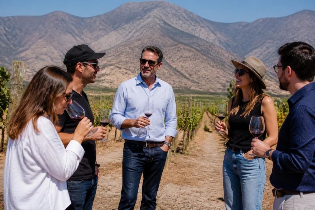 Grupo de colaboradores en una degustación en una viña chilena Grupo de colaboradores en una degustación en una viña chilena