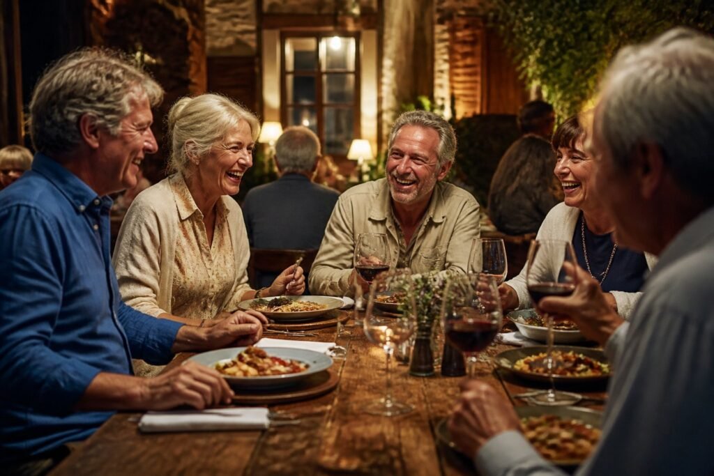 Viajeros de un grupo compartiendo una cena durante su viaje Viajeros de un grupo compartiendo una cena durante su viaje