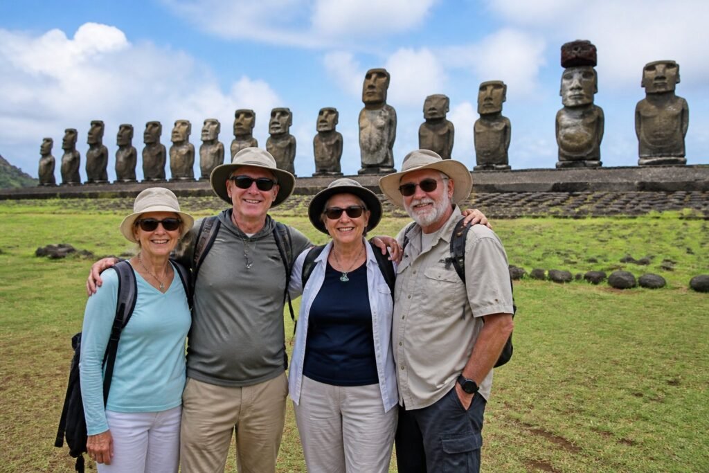 Grupo de viajeros frente a los moáis de Ahu Tongariki en Rapa Nui Grupo de viajeros frente a los moáis de Ahu Tongariki en Rapa Nui
