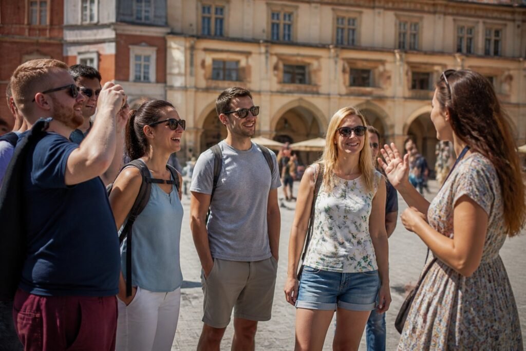 Grupo pequeño de viajeros recorriendo una plaza europea junto a su team líder Grupo pequeño de viajeros recorriendo una plaza europea junto a su team líder
