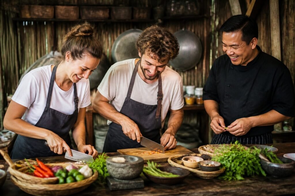 Pareja de viajeros en una clase de cocina junto a un chef local Pareja de viajeros en una clase de cocina junto a un chef local