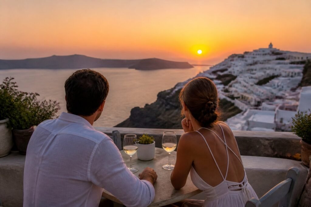 Pareja disfrutando un atardecer frente al mar durante su luna de miel Pareja disfrutando un atardecer frente al mar durante su luna de miel
