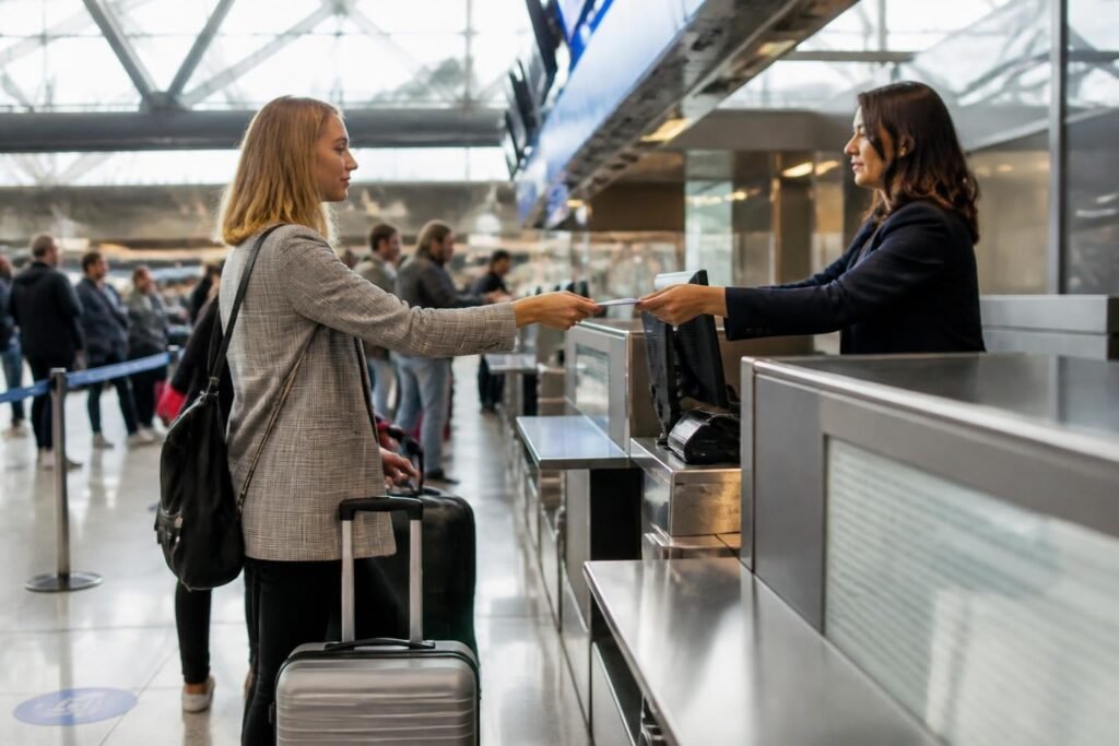 Pasajera entregando su pasaporte en el counter de check-in del aeropuerto Pasajera entregando su pasaporte en el counter de check-in del aeropuerto