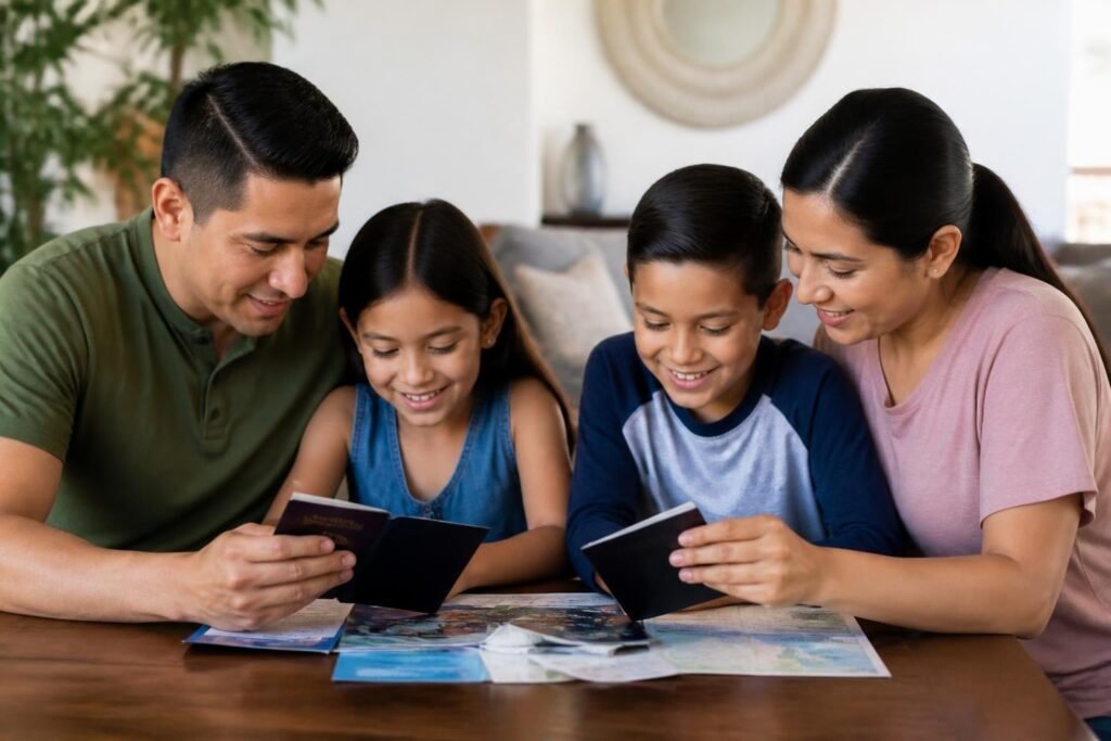 Familia revisando sus pasaportes antes de un viaje Familia revisando sus pasaportes antes de un viaje
