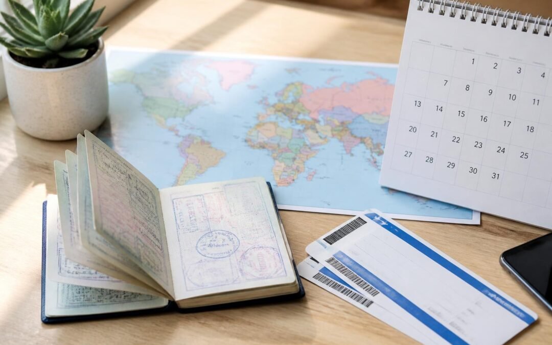 Pasaporte abierto junto a pasajes y un mapa sobre una mesa