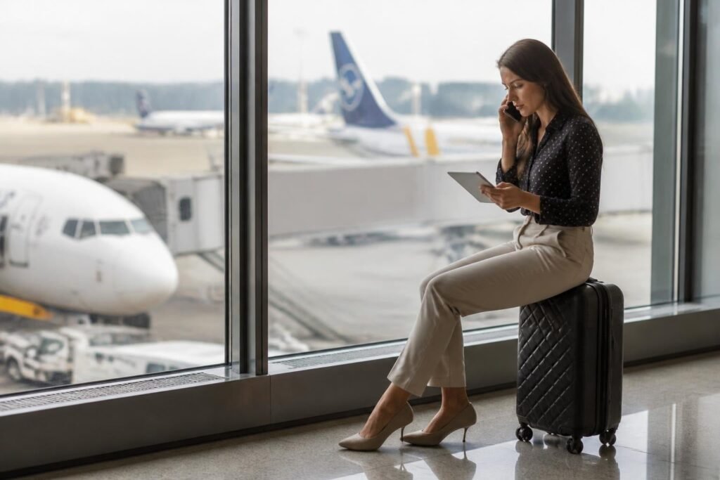 Viajera hablando por teléfono mientras revisa alternativas de vuelo Viajera hablando por teléfono mientras revisa alternativas de vuelo